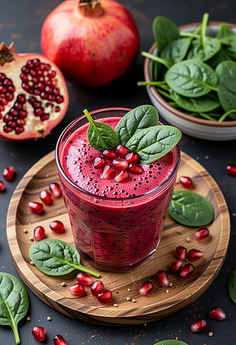 Vibrant Pomegranate Spinach Smoothie on Wooden Board