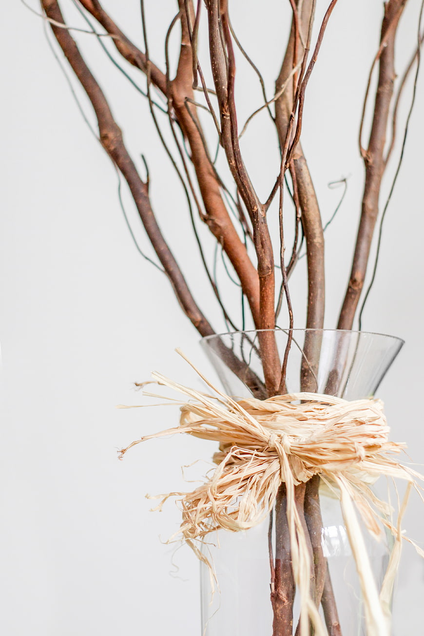 Dried branches in glass vase with raffia bow