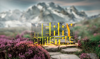 Merry Christmas Text Over Mountain Landscape with Purple Flowers