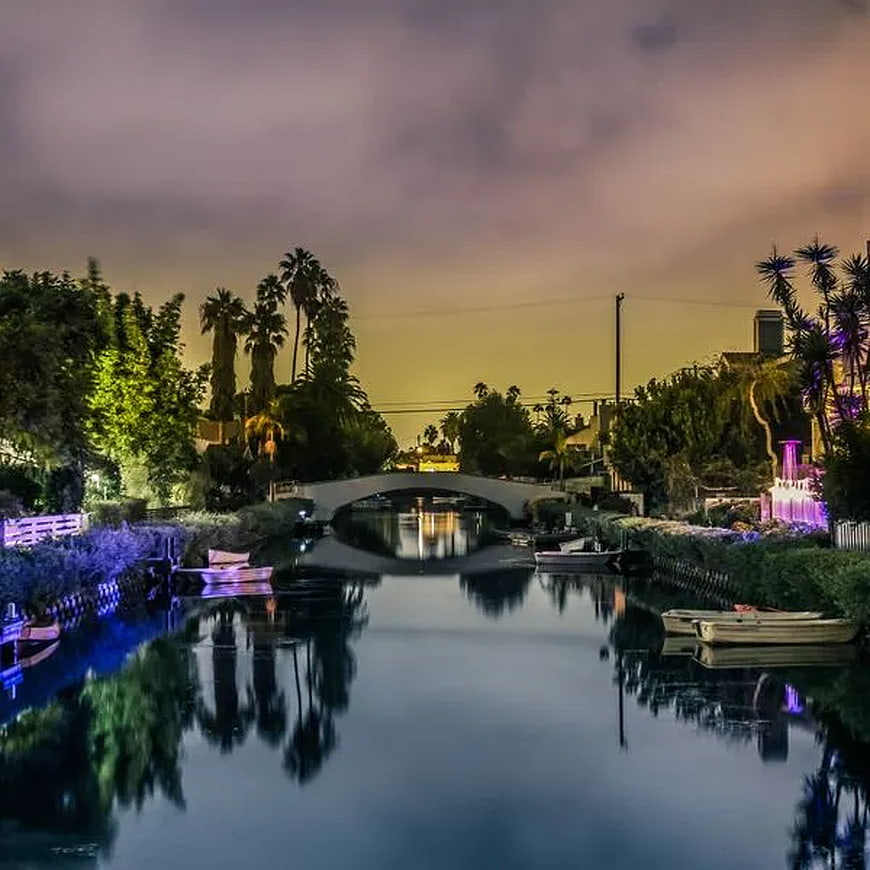 Night view of Venice Canals with illuminated bridge and palm trees
