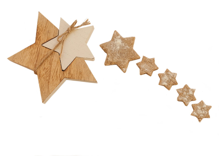 Wooden Star Ornament And Powdered Sugar Star Cookies On White Background