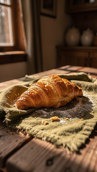 Golden Croissant on Rustic Wooden Table with Natural Light