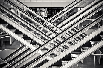 Abstract Black and White Escalators in Shopping Mall