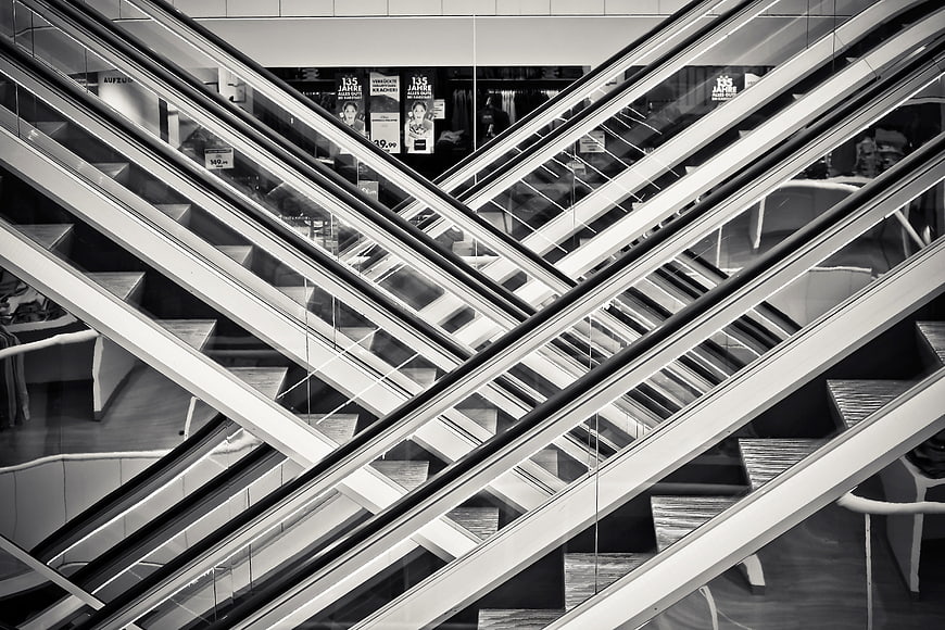 Abstract Black and White Escalators in Shopping Mall