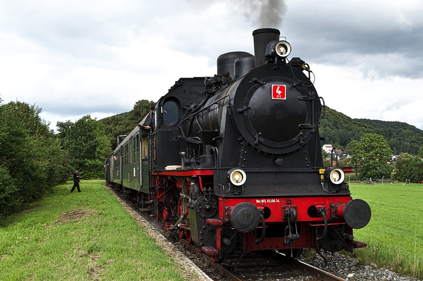Vintage Black Steam Locomotive on Rural Railway Tracks