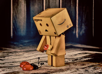 Cardboard Danbo Robot Holding Ladybug on Rustic Wooden Surface