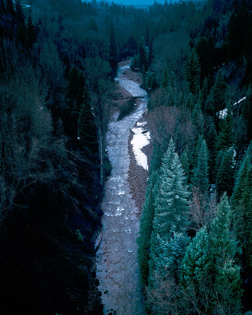 Aerial View of Frozen River Winding Through Dark Forest