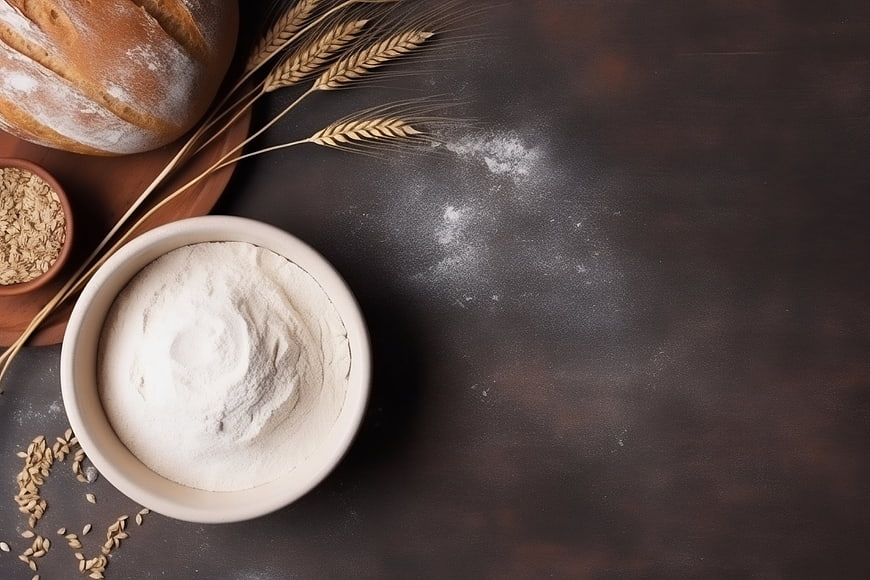 Top View of Flour, Wheat, and Artisan Bread on Dark Background