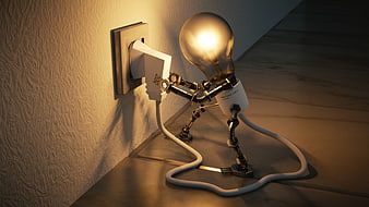 Creative lightbulb robot plugging into wall socket