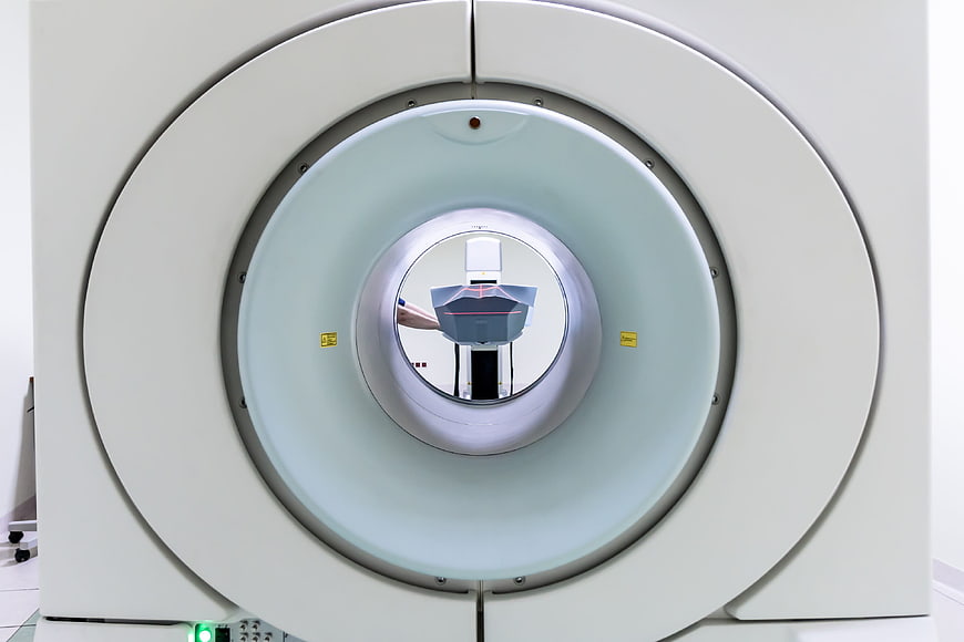 Frontal View of Modern MRI Scanner in Hospital
