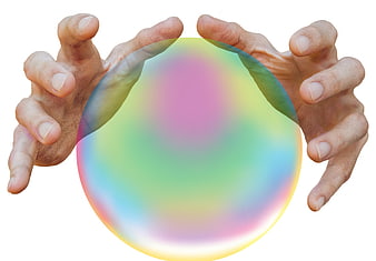 Hands holding colorful crystal ball on white background