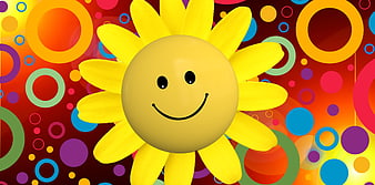 Happy Sunflower Smiley Face on Colorful Circle Background