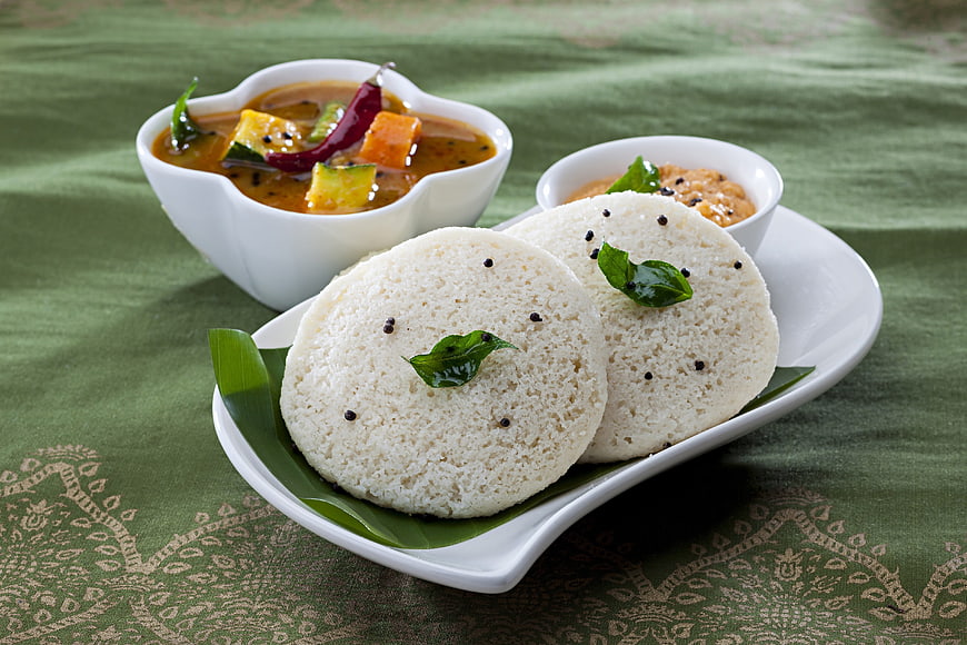 Traditional South Indian Idli with Sambar and Chutney