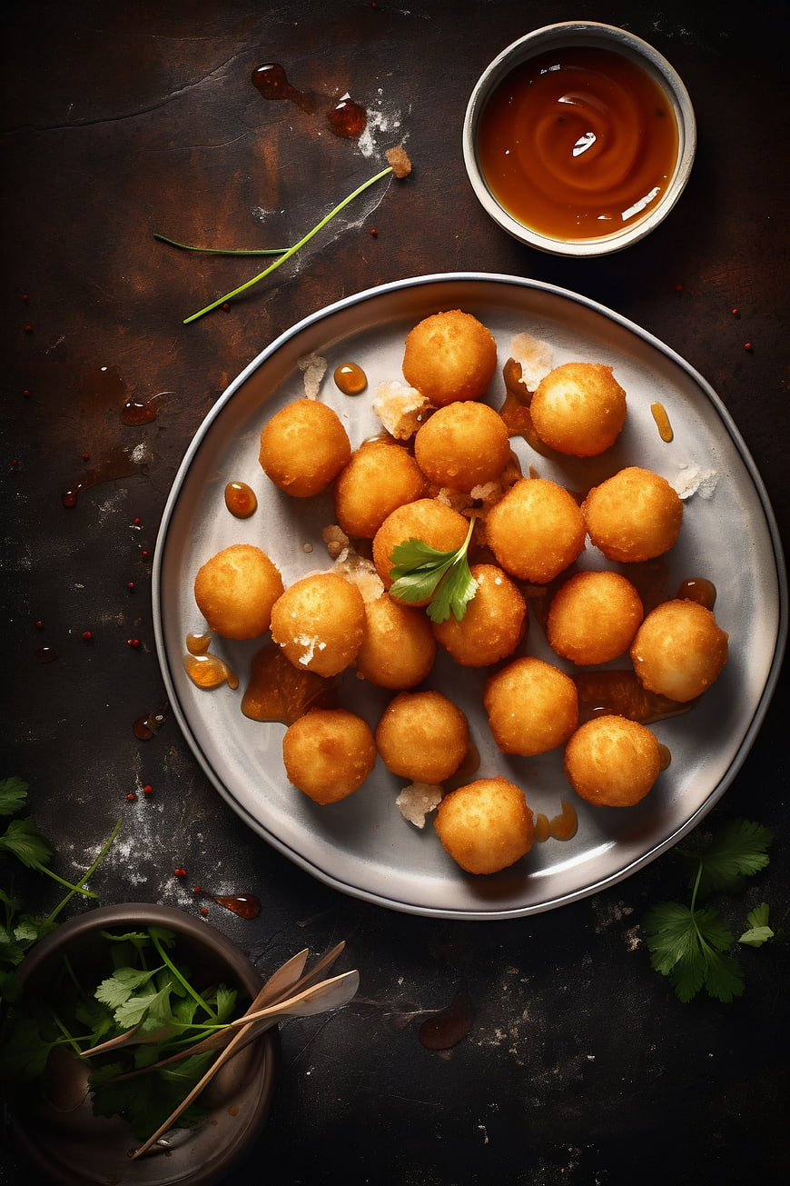 Top view of crispy fried fish balls with dipping sauce