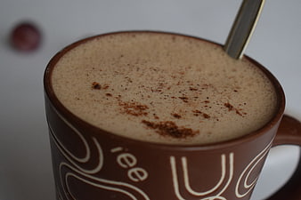 Close-up of frothy cappuccino in brown mug with cinnamon