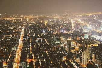 Aerial Night View of Taipei City Skyline and Urban Lights