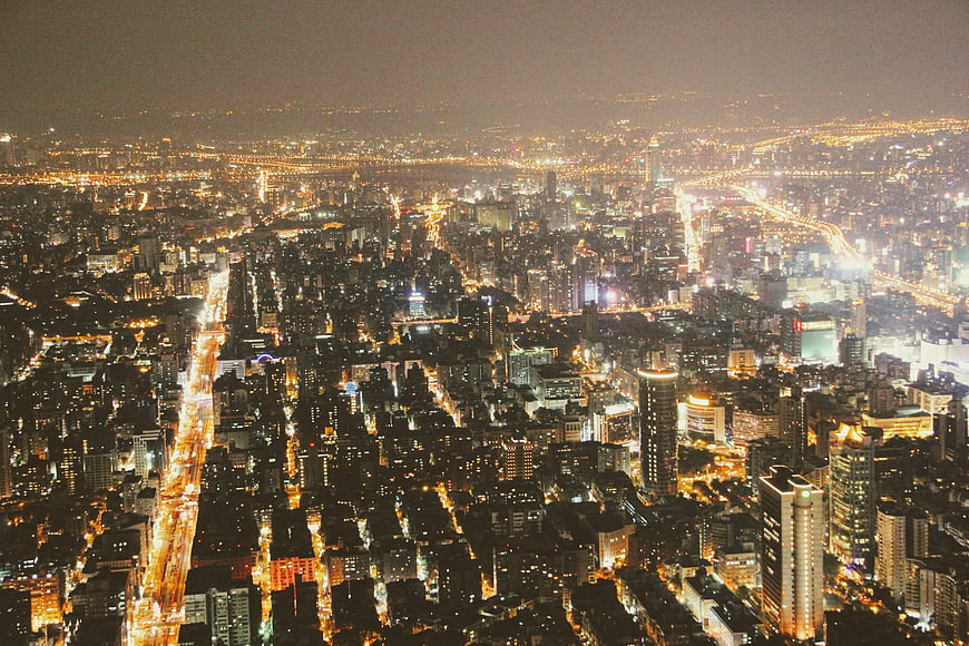 Aerial Night View of Taipei City Skyline and Urban Lights