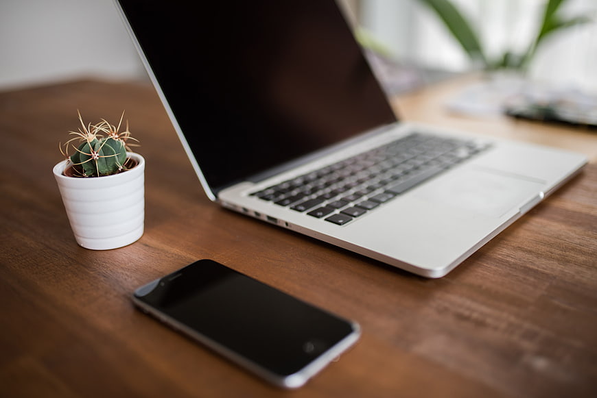 Laptop and Smartphone on Wooden Desk with Cactus