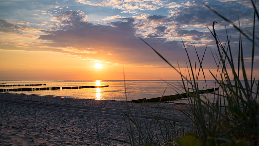 Serene Sunset Over Baltic Sea Beach with Foreground Grass