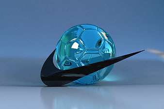 3D Render of Blue Glass Soccer Ball with Black Abstract Shape