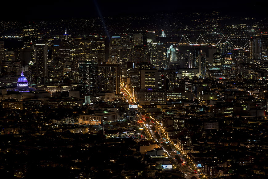 San Francisco Night Skyline with Bay Bridge and City Hall