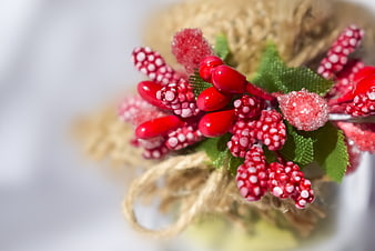 Close-up of red and white Christmas berry decoration with twine