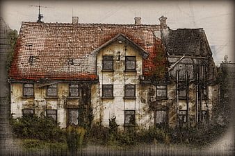 Artistic digital sketch of a dilapidated old house ruin