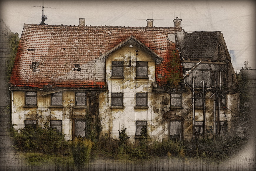 Artistic digital sketch of a dilapidated old house ruin