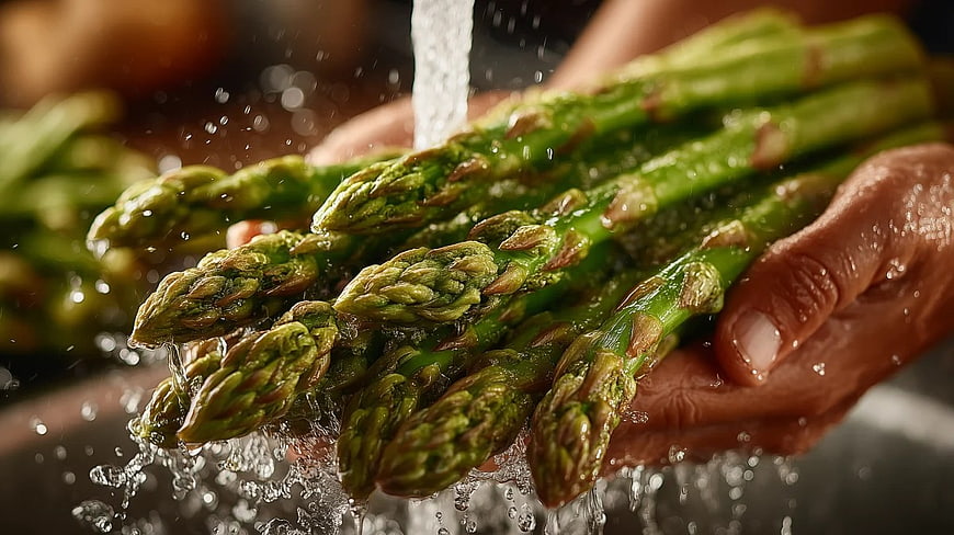 Fresh Green Asparagus Being Washed Under Running Water