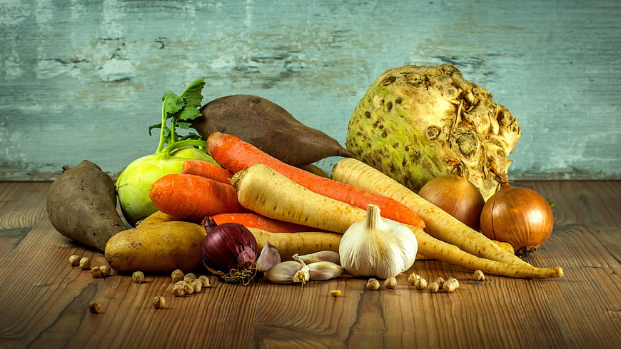Fresh Root Vegetables on Rustic Wooden Table