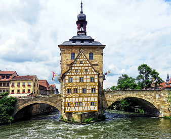 Historic Half-Timbered Bridge Tower in Bamberg, Germany