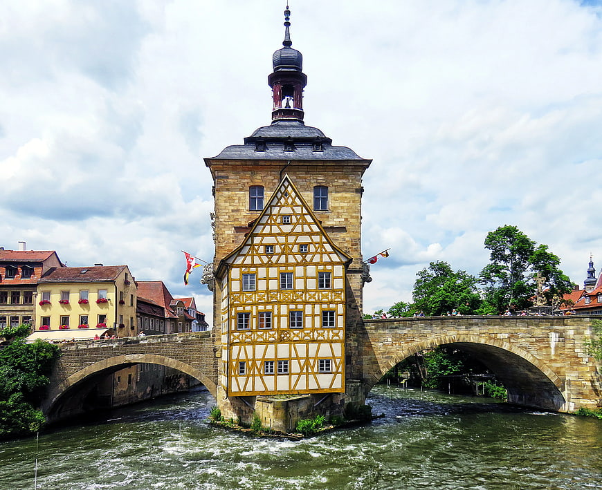 Historic Half-Timbered Bridge Tower in Bamberg, Germany