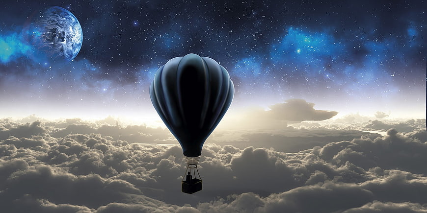Hot Air Balloon Flying Above Clouds in Space with Planet