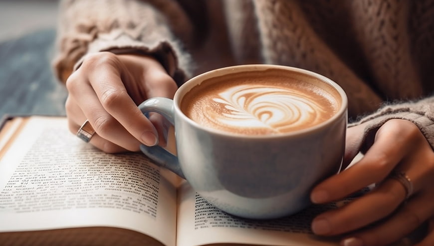 Hands holding latte art coffee cup on open book