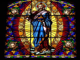 Stained Glass Window of Jesus Christ in Church