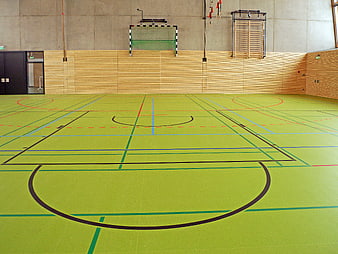 Empty indoor sports hall with green multi-purpose floor