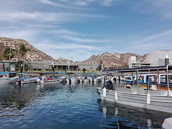 Boats docked in a sunny marina with mountains