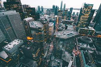 Aerial View of Downtown City Skyline at Dusk