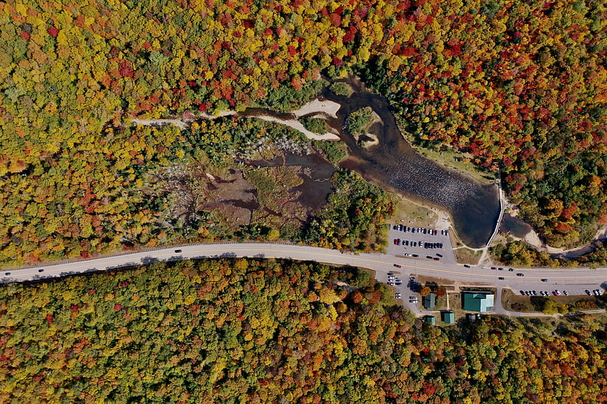 Aerial View of Winding Road Through Vibrant Autumn Forest