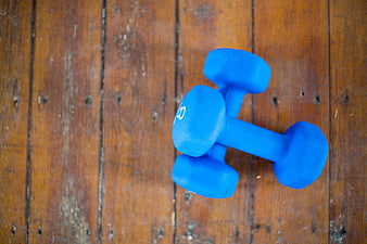 Blue Dumbbells on Wooden Floor for Fitness