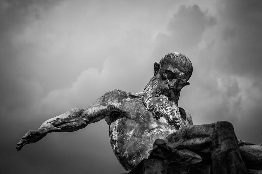 Dramatic Black and White Sculpture of a Bearded Man