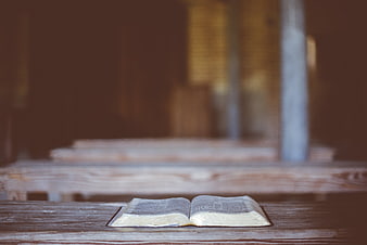 Open Bible on Wooden Bench in Church