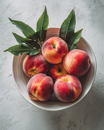 Fresh Ripe Peaches with Green Leaves in White Bowl