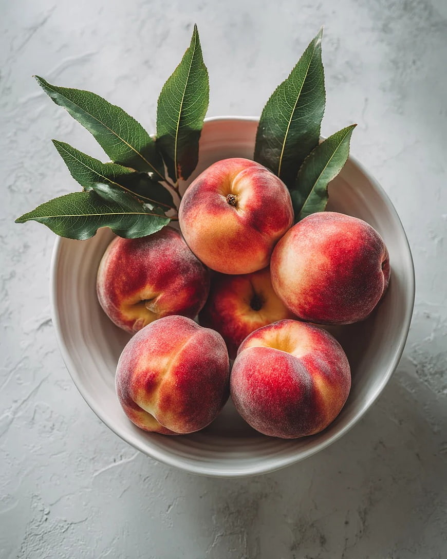 Fresh Ripe Peaches with Green Leaves in White Bowl