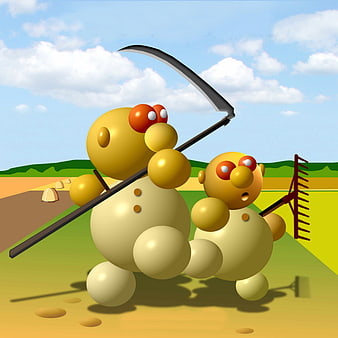 3D cartoon potato farmers harvesting in a field