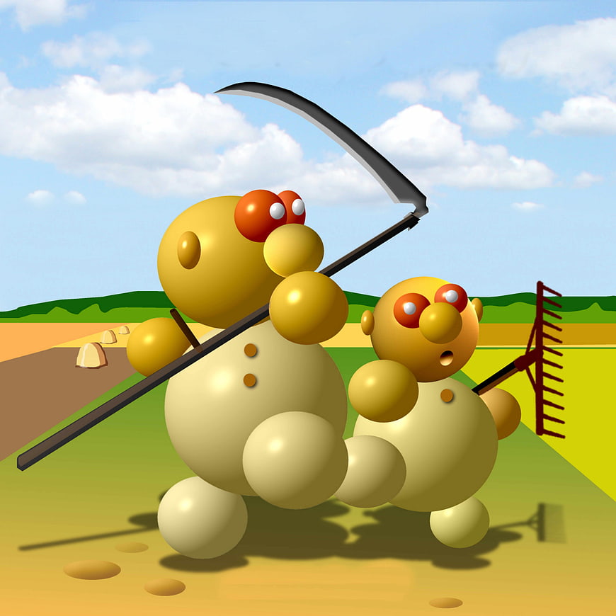 3D cartoon potato farmers harvesting in a field