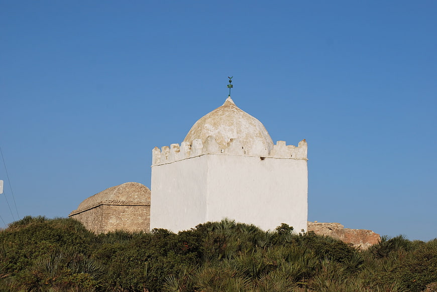 White domed tower in Essaouira, Morocco against blue sky