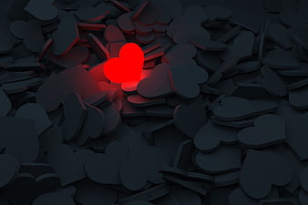 Glowing red heart among dark grey hearts 3D render