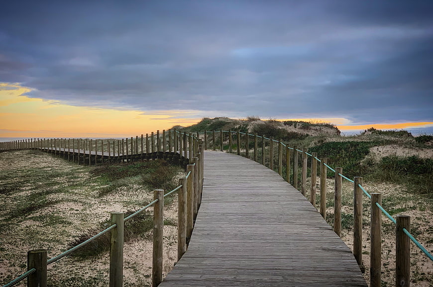 Wooden Boardwalk Path Through Coastal Dunes at Sunset