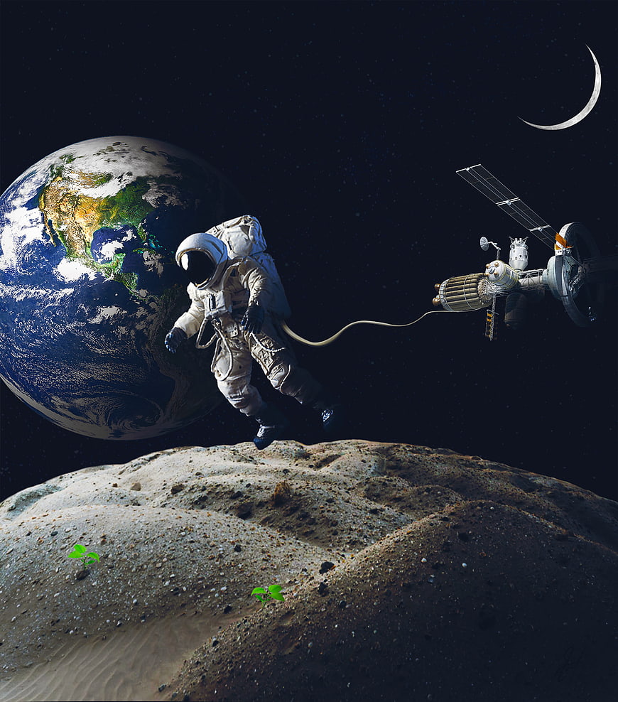 Astronaut floating near Earth and space station above a moon surface